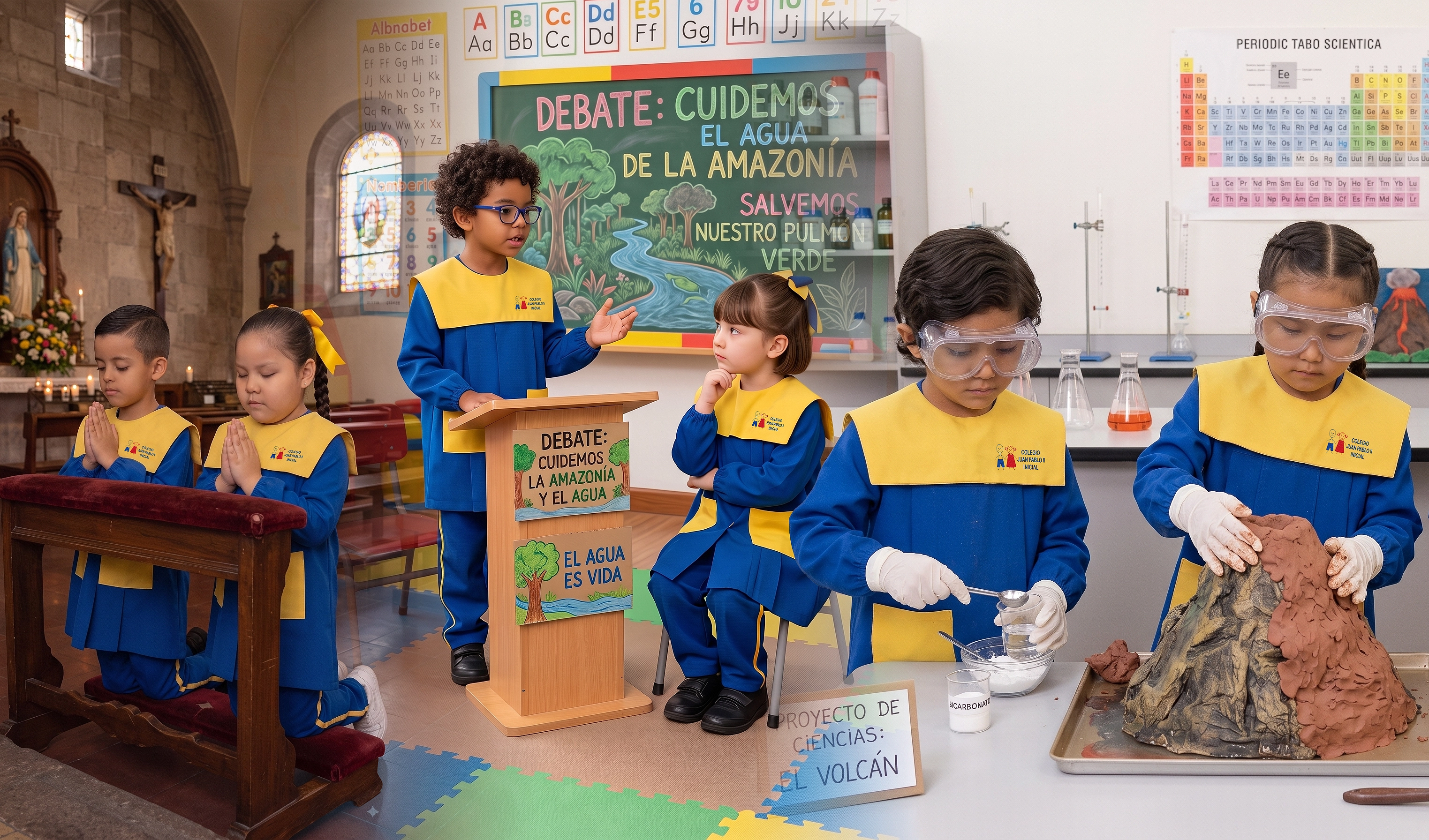 Niños de Inicial, Primaria y Secundaria en el Colegio Juan Pablo II